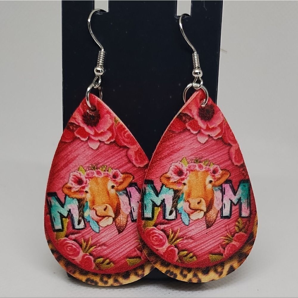 Teardrop earrings Mom cows faux‎ leather new e8